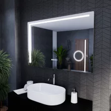 HD Bari 120 cm széles fali szögletes LED okostükör kozmetikai tükörrel, érintőkapcsolóval, digitális órával és páramentesítő funkcióval