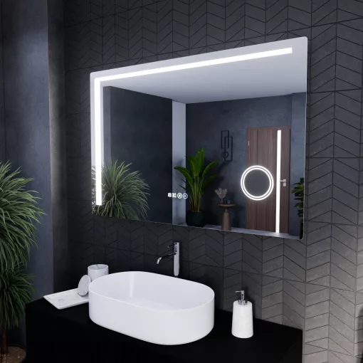 HD Bari 120 cm széles fali szögletes LED okostükör kozmetikai tükörrel, érintőkapcsolóval, digitális órával és páramentesítő funkcióval