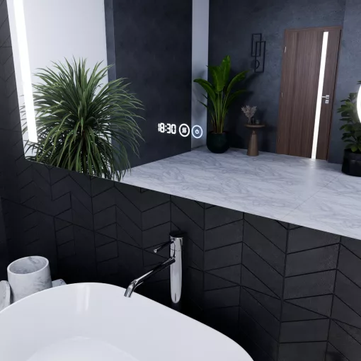 HD Bari 120 cm széles fali szögletes LED okostükör kozmetikai tükörrel, érintőkapcsolóval, digitális órával és páramentesítő funkcióval