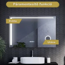 HD Bari 120 cm széles fali szögletes LED okostükör kozmetikai tükörrel, érintőkapcsolóval, digitális órával és páramentesítő funkcióval
