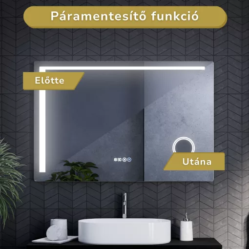 HD Bari 120 cm széles fali szögletes LED okostükör kozmetikai tükörrel, érintőkapcsolóval, digitális órával és páramentesítő funkcióval