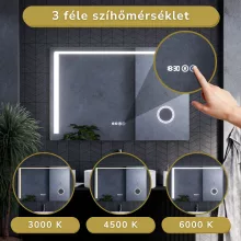 HD Bari 120 cm széles fali szögletes LED okostükör kozmetikai tükörrel, érintőkapcsolóval, digitális órával és páramentesítő funkcióval