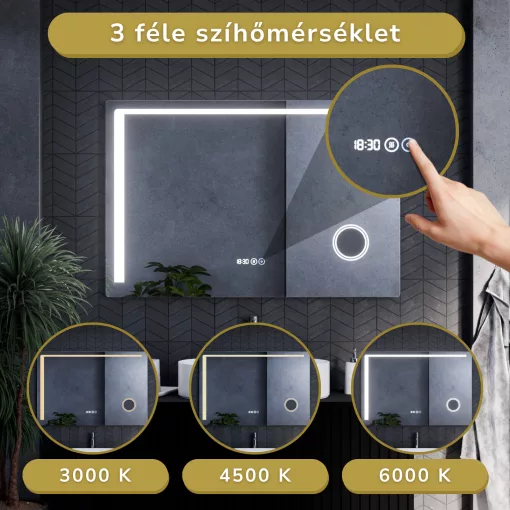 HD Bari 120 cm széles fali szögletes LED okostükör kozmetikai tükörrel, érintőkapcsolóval, digitális órával és páramentesítő funkcióval