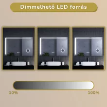 HD Bari 120 cm széles fali szögletes LED okostükör kozmetikai tükörrel, érintőkapcsolóval, digitális órával és páramentesítő funkcióval