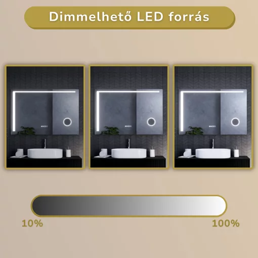 HD Bari 120 cm széles fali szögletes LED okostükör kozmetikai tükörrel, érintőkapcsolóval, digitális órával és páramentesítő funkcióval