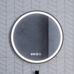   HD Rio Black 60 cm széles fali kerek LED okostükör fekete kerettel, érintőkapcsolóval, digitális órával és páramentesítő funkcióval