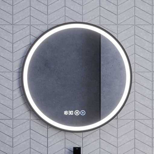 HD Rio Black 60 cm széles fali kerek LED okostükör fekete kerettel, érintőkapcsolóval, digitális órával és páramentesítő funkcióval