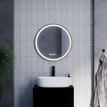 HD Rio Black 60 cm széles fali kerek LED okostükör fekete kerettel, érintőkapcsolóval, digitális órával és páramentesítő funkcióval