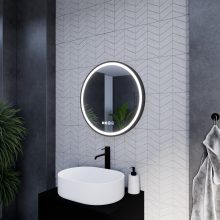 HD Rio Black 60 cm széles fali kerek LED okostükör fekete kerettel, érintőkapcsolóval, digitális órával és páramentesítő funkcióval