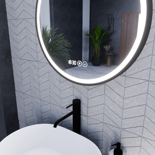 HD Rio Black 60 cm széles fali kerek LED okostükör fekete kerettel, érintőkapcsolóval, digitális órával és páramentesítő funkcióval