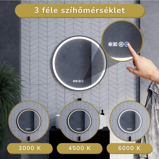 HD Rio Black 60 cm széles fali kerek LED okostükör fekete kerettel, érintőkapcsolóval, digitális órával és páramentesítő funkcióval