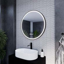 HD Rio Black 80 cm széles fali kerek LED okostükör fekete kerettel, érintőkapcsolóval, digitális órával és páramentesítő funkcióval
