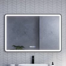 HD Reno Black 120 cm széles fali szögletes LED okostükör fekete kerettel, érintőkapcsolóval, digitális órával és páramentesítő funkcióval