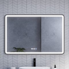   HD Reno Black 120 cm széles fali szögletes LED okostükör fekete kerettel, érintőkapcsolóval, digitális órával és páramentesítő funkcióval