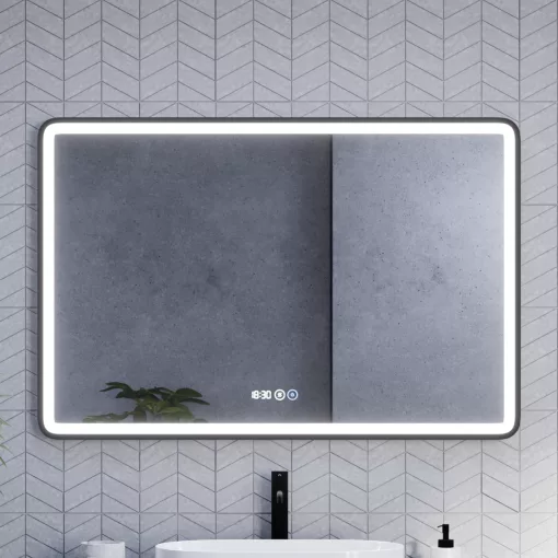 HD Reno Black 120 cm széles fali szögletes LED okostükör fekete kerettel, érintőkapcsolóval, digitális órával és páramentesítő funkcióval