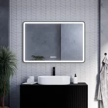 HD Reno Black 120 cm széles fali szögletes LED okostükör fekete kerettel, érintőkapcsolóval, digitális órával és páramentesítő funkcióval