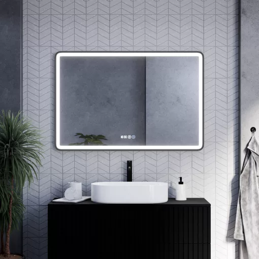 HD Reno Black 120 cm széles fali szögletes LED okostükör fekete kerettel, érintőkapcsolóval, digitális órával és páramentesítő funkcióval
