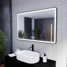 HD Reno Black 120 cm széles fali szögletes LED okostükör fekete kerettel, érintőkapcsolóval, digitális órával és páramentesítő funkcióval