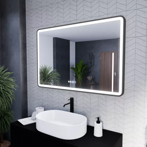 HD Reno Black 120 cm széles fali szögletes LED okostükör fekete kerettel, érintőkapcsolóval, digitális órával és páramentesítő funkcióval