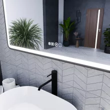 HD Reno Black 120 cm széles fali szögletes LED okostükör fekete kerettel, érintőkapcsolóval, digitális órával és páramentesítő funkcióval
