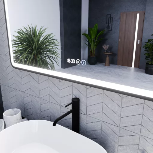 HD Reno Black 120 cm széles fali szögletes LED okostükör fekete kerettel, érintőkapcsolóval, digitális órával és páramentesítő funkcióval