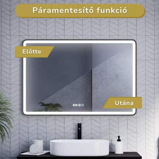 HD Reno Black 120 cm széles fali szögletes LED okostükör fekete kerettel, érintőkapcsolóval, digitális órával és páramentesítő funkcióval