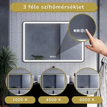 HD Reno Black 120 cm széles fali szögletes LED okostükör fekete kerettel, érintőkapcsolóval, digitális órával és páramentesítő funkcióval