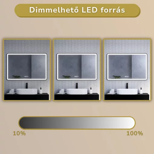HD Reno Black 120 cm széles fali szögletes LED okostükör fekete kerettel, érintőkapcsolóval, digitális órával és páramentesítő funkcióval