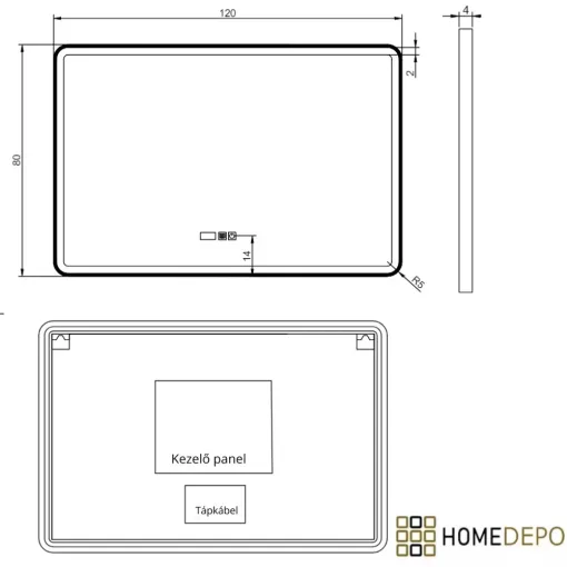 HD Reno Black 120 cm széles fali szögletes LED okostükör fekete kerettel, érintőkapcsolóval, digitális órával és páramentesítő funkcióval