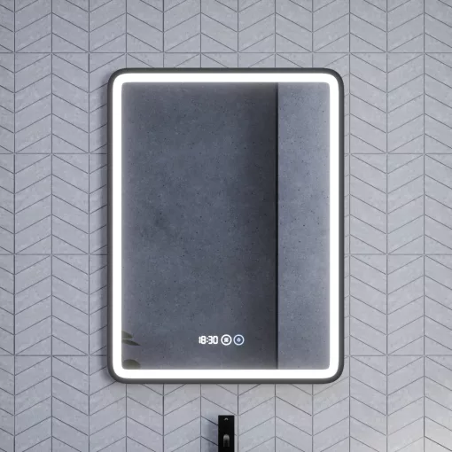 HD Reno Black 60 cm széles fali szögletes LED okostükör fekete kerettel, érintőkapcsolóval, digitális órával és páramentesítő funkcióval
