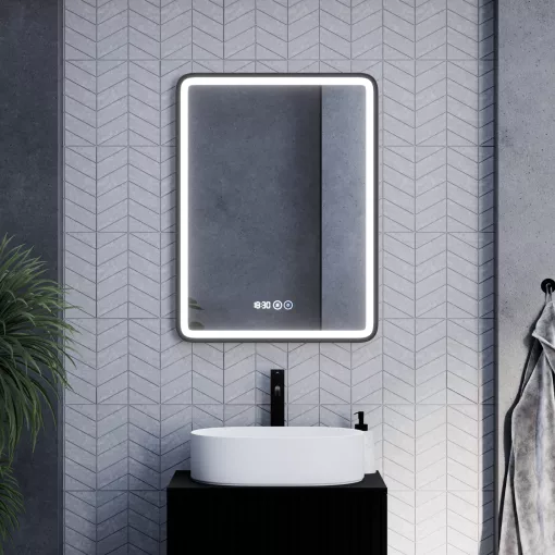 HD Reno Black 60 cm széles fali szögletes LED okostükör fekete kerettel, érintőkapcsolóval, digitális órával és páramentesítő funkcióval