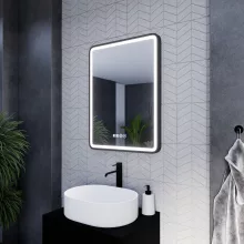 HD Reno Black 60 cm széles fali szögletes LED okostükör fekete kerettel, érintőkapcsolóval, digitális órával és páramentesítő funkcióval