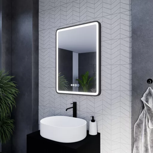 HD Reno Black 60 cm széles fali szögletes LED okostükör fekete kerettel, érintőkapcsolóval, digitális órával és páramentesítő funkcióval