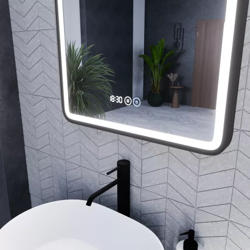 HD Reno Black 60 cm széles fali szögletes LED okostükör fekete kerettel, érintőkapcsolóval, digitális órával és páramentesítő funkcióval