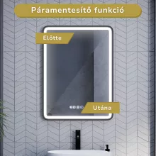 HD Reno Black 60 cm széles fali szögletes LED okostükör fekete kerettel, érintőkapcsolóval, digitális órával és páramentesítő funkcióval