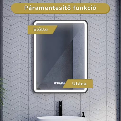 HD Reno Black 60 cm széles fali szögletes LED okostükör fekete kerettel, érintőkapcsolóval, digitális órával és páramentesítő funkcióval