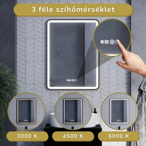 HD Reno Black 60 cm széles fali szögletes LED okostükör fekete kerettel, érintőkapcsolóval, digitális órával és páramentesítő funkcióval