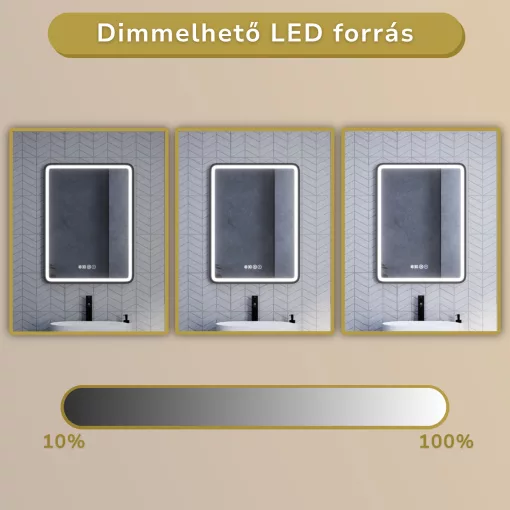 HD Reno Black 60 cm széles fali szögletes LED okostükör fekete kerettel, érintőkapcsolóval, digitális órával és páramentesítő funkcióval