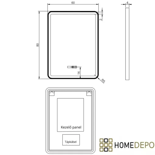 HD Reno Black 60 cm széles fali szögletes LED okostükör fekete kerettel, érintőkapcsolóval, digitális órával és páramentesítő funkcióval