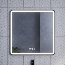 HD Reno Black 80x80 fali szögletes LED okostükör fekete kerettel, érintőkapcsolóval, digitális órával és páramentesítő funkcióval
