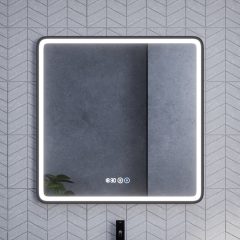   HD Reno Black 80x80 fali szögletes LED okostükör fekete kerettel, érintőkapcsolóval, digitális órával és páramentesítő funkcióval
