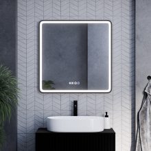 HD Reno Black 80x80 fali szögletes LED okostükör fekete kerettel, érintőkapcsolóval, digitális órával és páramentesítő funkcióval