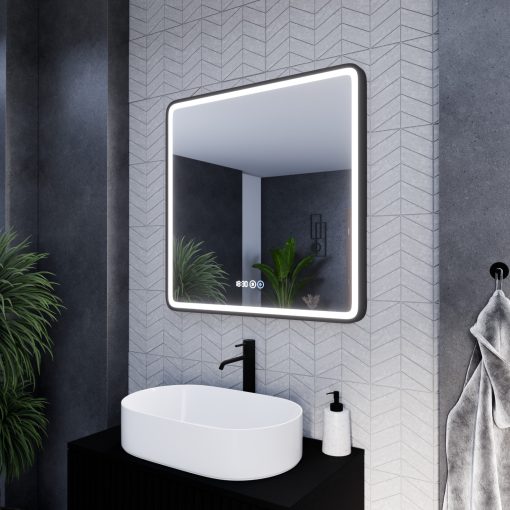HD Reno Black 80x80 fali szögletes LED okostükör fekete kerettel, érintőkapcsolóval, digitális órával és páramentesítő funkcióval