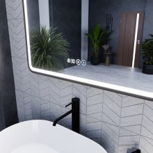 HD Reno Black 80x80 fali szögletes LED okostükör fekete kerettel, érintőkapcsolóval, digitális órával és páramentesítő funkcióval
