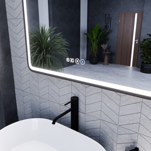 HD Reno Black 80x80 fali szögletes LED okostükör fekete kerettel, érintőkapcsolóval, digitális órával és páramentesítő funkcióval