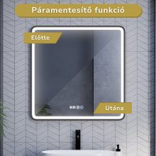 HD Reno Black 80x80 fali szögletes LED okostükör fekete kerettel, érintőkapcsolóval, digitális órával és páramentesítő funkcióval