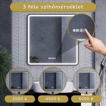 HD Reno Black 80x80 fali szögletes LED okostükör fekete kerettel, érintőkapcsolóval, digitális órával és páramentesítő funkcióval
