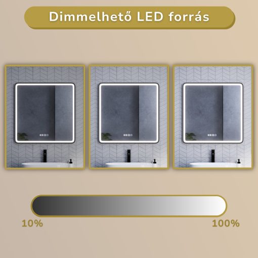 HD Reno Black 80x80 fali szögletes LED okostükör fekete kerettel, érintőkapcsolóval, digitális órával és páramentesítő funkcióval