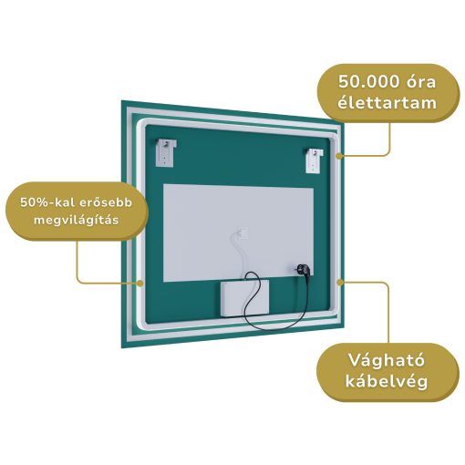 HD Reno Black 80x80 fali szögletes LED okostükör fekete kerettel, érintőkapcsolóval, digitális órával és páramentesítő funkcióval