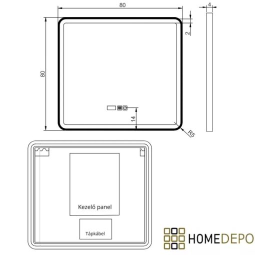 HD Reno Black 80x80 fali szögletes LED okostükör fekete kerettel, érintőkapcsolóval, digitális órával és páramentesítő funkcióval